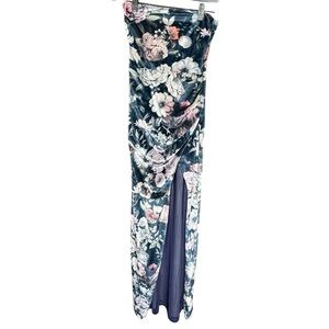 BHLDN Velvet Floral Maxi Skirt Navy Pink XS | Side Slit | Elegant Boho Style